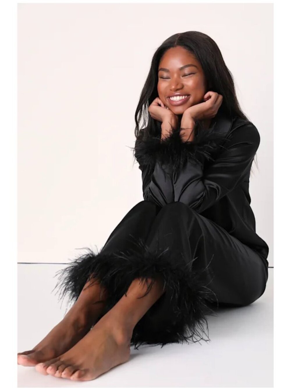 Lulus Dreamiest Delight Black Satin Feather Two-Piece Pajama Set size small